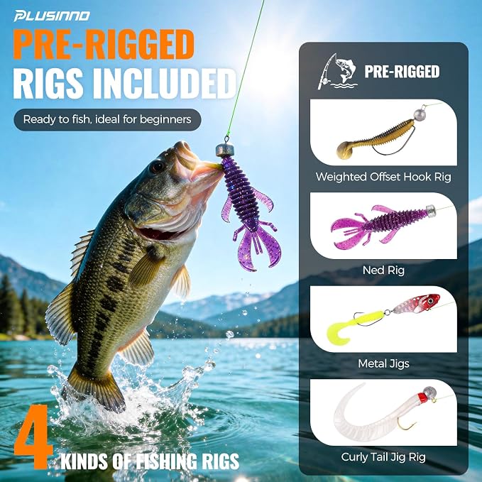 PLUSINNO Bass Fishing Lures Tackle Box Kit for All Water, 307 pcs | Pro Bass Fishing Gear Kit, for Freshwater Lake, Largemouth Bass, 6 Pre-rigged Jigs, Fishing Lure Set Gifts for Men Beginners