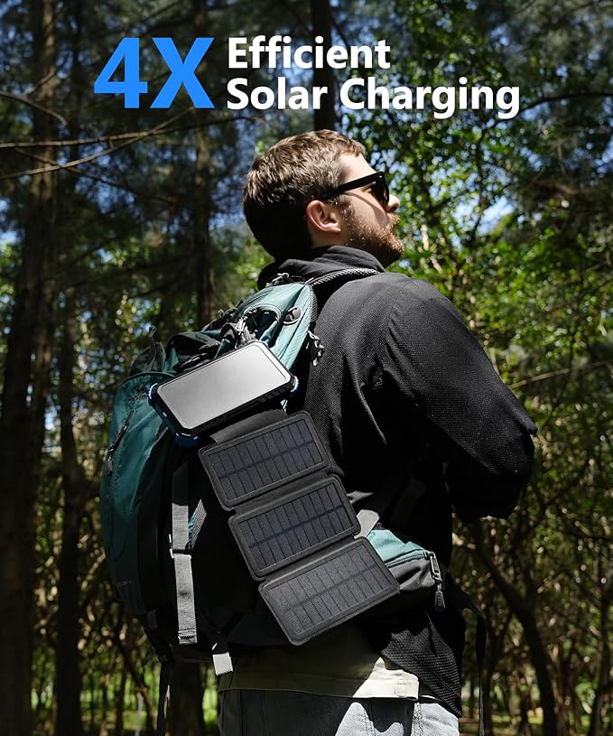 Solar Power Bank 20000mAh with 4 Panels, Portable Solar Charger with Build-in 3 Cables for iPhone, USB C in/Output 15W Fast Charging External Battery Pack with Flashlight & Camping Light