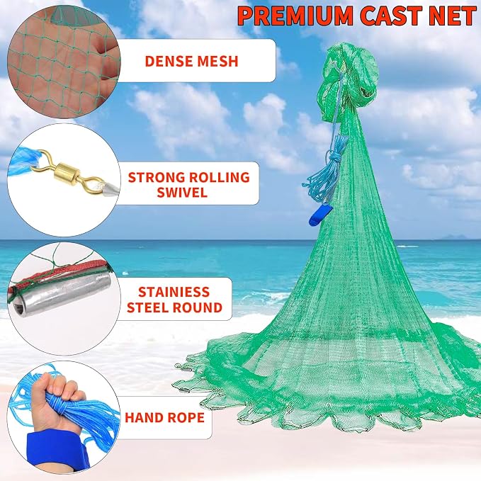 Saltwater Fishing Cast Net Eco-Friendly Rubber Sinker 1/2 Inches Mesh for Bait Shrimp Trap Fish Size 4FT/5FT/6FT/7FT/8FT/9FT/10FT/11FT/12FT Radius