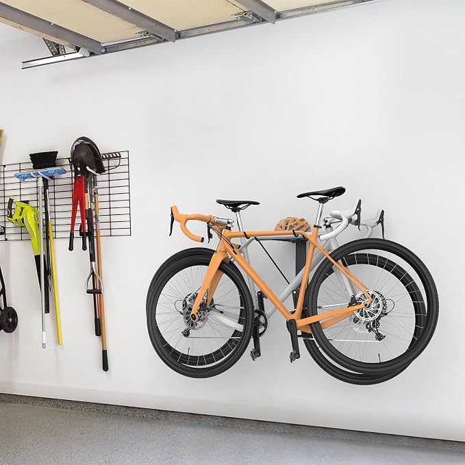WALMANN Wall Mounted Horizontal Bike Rack, Foldable Space Saving Bicycle Storage Solution for 2 Bikes, Indoor Bike Storage for Garage