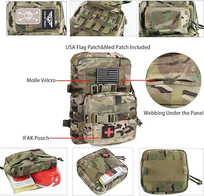 Tactical Mini Molle Hydration Pack,Molle Hydration Carrier with IFAK Pouch&US Flag&Med Patch,Hydropack for 2L Water Bladder