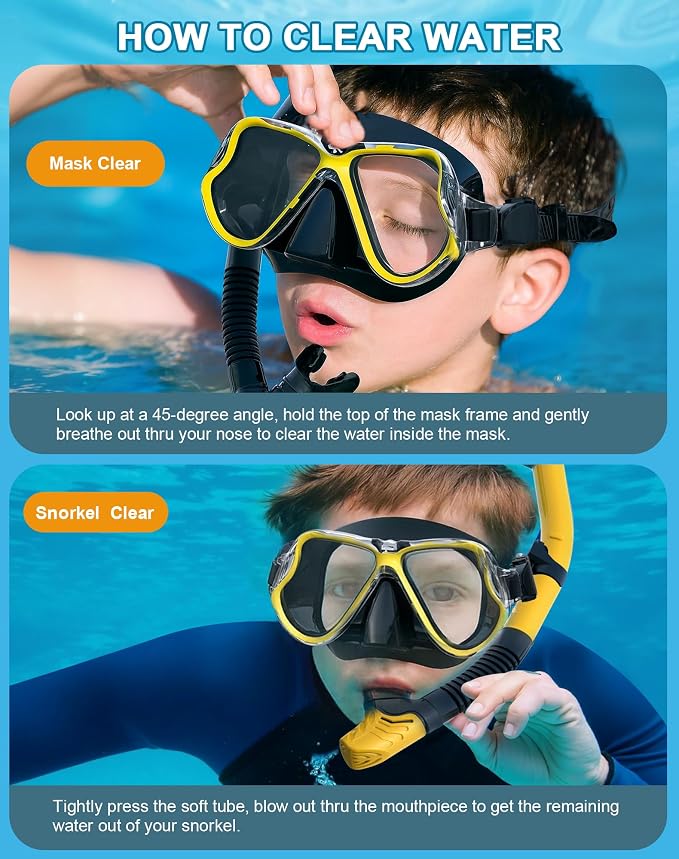 Greatever Dry Snorkel Set,Panoramic Wide View Anti-Fog Scuba Diving Mask,Professional Snorkeling Gear for Adults Kids