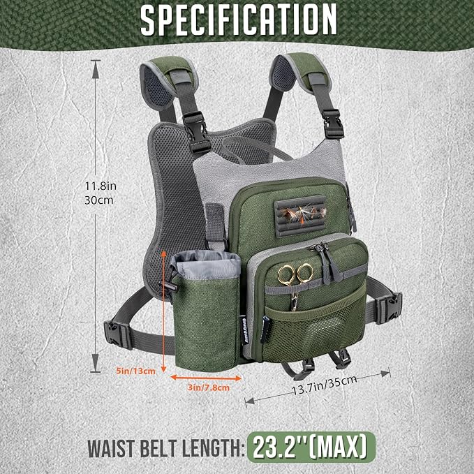 QulayQualy Fly Fishing Pack - Chest Pack with Work Station Lightweight Tackle Fishing Bag with Quick-Release (Green, L-12'' w/Cup Sleeve)
