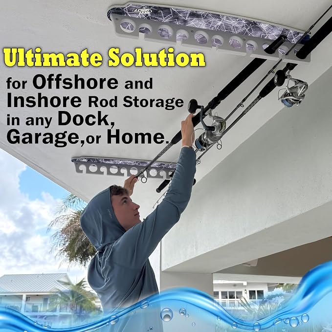 Rush Creek Creations Reel Salty Waterproof Offshore/Inshore Fishing Rod Holder for 11 Saltwater Poles + Gear & Accessories Perfect for Garage & Wall Storage