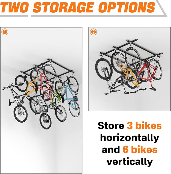 TORACK Ceiling Bike Rack for Garage, Ceiling-Mounted Bicycle Storage Hooks for 3 Bikes (Horizontal) or 6 Bikes (Vertical), Adjustable Overhead Bicycle Hooks for Mountain, Road Bike