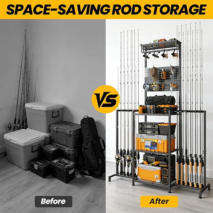 YQSLYSF Fishing Rod Holders for Garage with Pegboard & Metal Mesh Basket, Fishing Rod Storage Rack, Vertical Fishing Pole Holder for Up to 12 -24 Poles, Tackle Gear Organizer