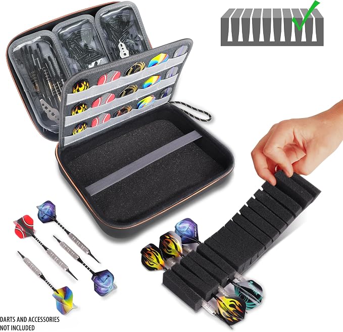USA Gear XL Semi Hard Shell Dart Case - Protective Case for 15 Piece Dart Set, Tips, Flights and Shafts, and more Accessories - Locking Foam Design for Soft and Steel Tips - Storage Only