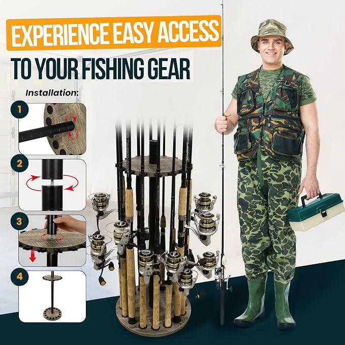 Rush Creek Creations | Round Fishing Rod Holder for 16 Freshwater Fishing Poles, Fishing Gear, and Fishing Accessories | Fishing Rod Rack with 16 Fishing Rod Clips for Garage Organization