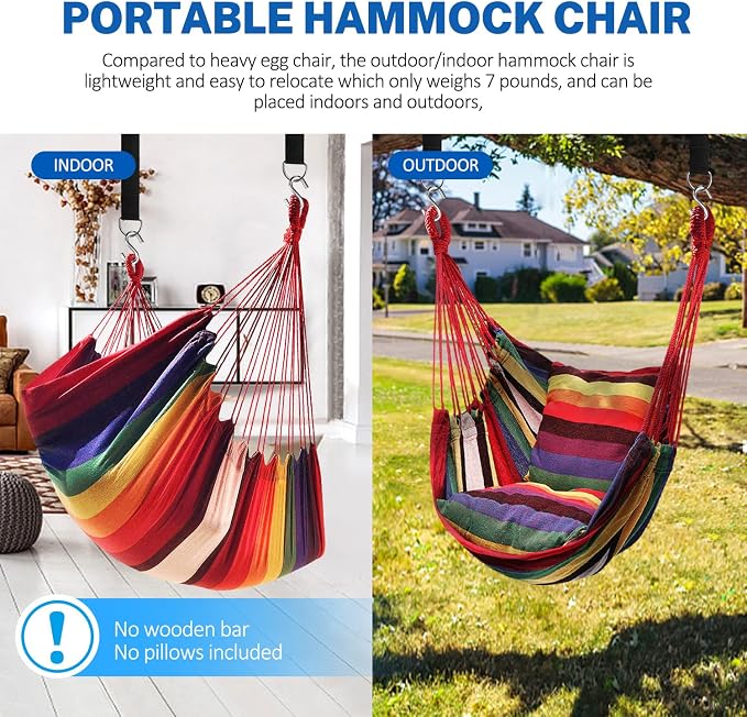 KPX Ourdoor Hanging Hammock Chair – Comfortable Tree Swing Chair Large Size 110X130cm（Without Pillows） - 330 Lbs Weight Capacity (Rainbow)