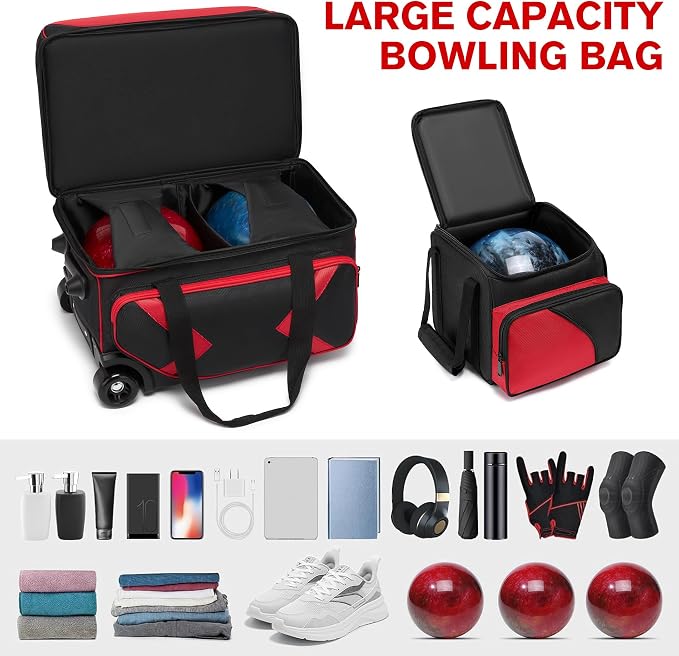 3 Ball Bowling Bags with Wheels and Shoes Compartment, Roller with Multipocket, 2 Ball Bowling Roller Bag + 1 Ball Color Matching Add On Tote (Red-Black)