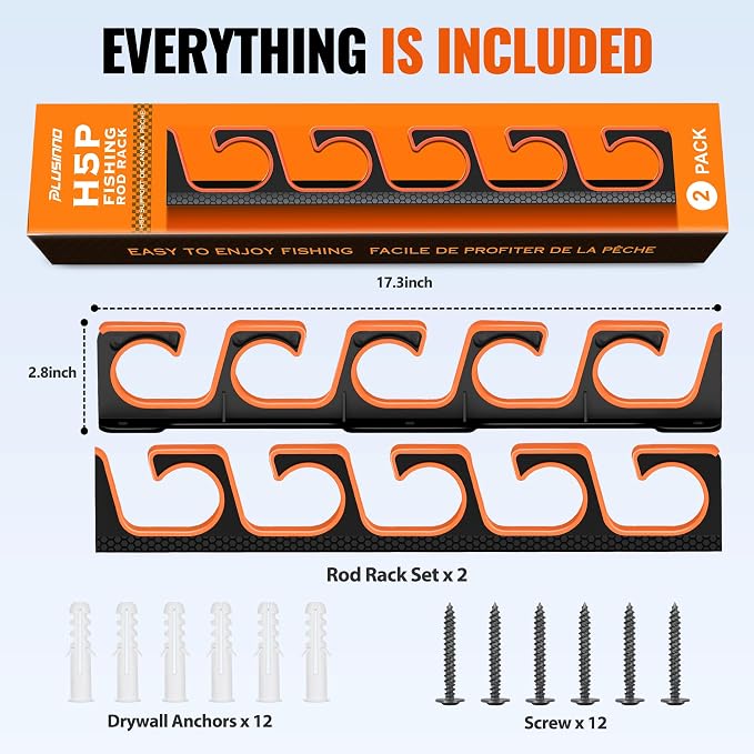 PLUSINNO H5P Fishing Rod/Pole Holders for Garage, Fishing Rod Holder Ceiling or Wall Mounted Rod Rack, Fishing Gear Equipment Storage Organizer Holds up to 10 Rods or Combos or Nets