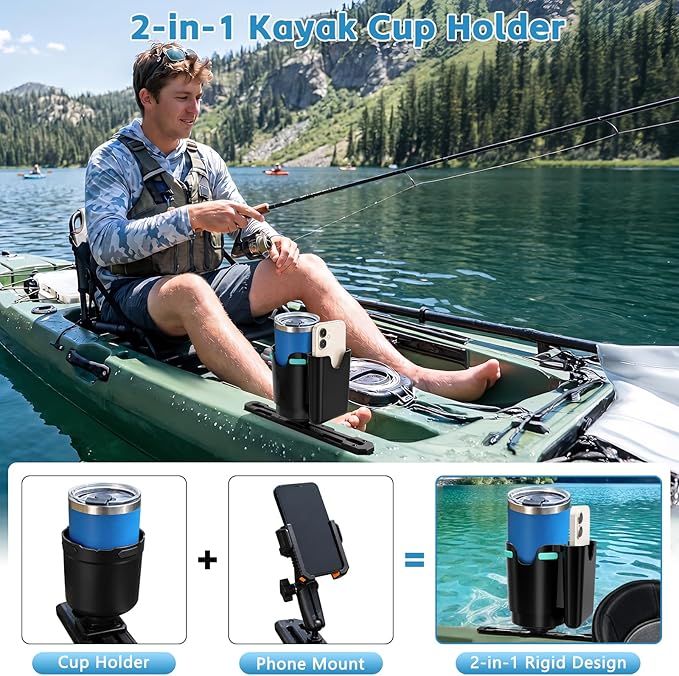 2-in-1 Kayak Cup Holder, Upgraded Anti-Tipping Drink & Phone Holder with 4 Built-in Silicone Pad, Kayak Rail Track Mount Install, Kayaks Boats Fishing Accessories (Black)