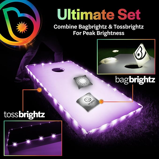 Brightz Cornhole Board Edge Lights with LED Bags - Includes 4-Pack of LED Cornhole Bags + TossBrightz Cornhole Board Edge Lights - The Ultimate Night Time Cornhole Master Set