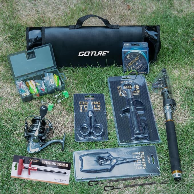 Goture Telescopic Fishing Rod and Reel Combo with Carrier Bag,1.8M-2.7M | Carbon Fiber Pole,5.2:1 Spinning Reel,Line,Pliers,Fish Gripper,Scissors,Lures Set, for Starter Travel Saltwater Freshwater