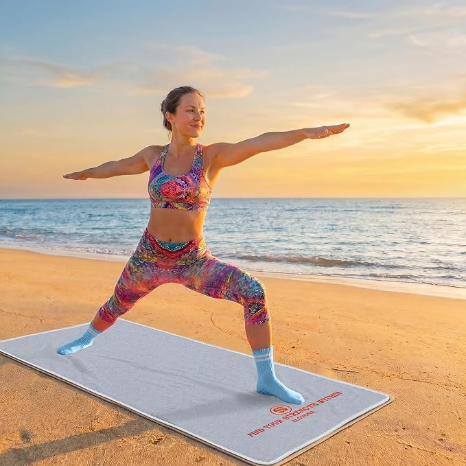 Upgraded Yoga Mat Towel with Bonus Grip Socks Lavender Gray | Elegant Embroidered, 1-Second Sweat Absorption & Non-Slip | Machine Washable Microfiber | Hot Yoga, Pilates | 73''*27.6''