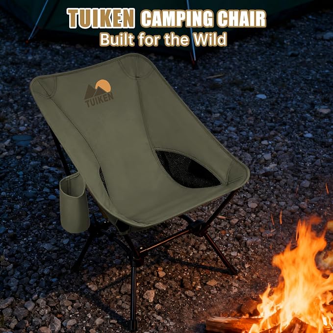 Ultralight Camping Chair Backpacking Chair, Portable Camp Chair with Cup Holder & Storage Bag, Lightweight Compact Folding Chair for Hiking, Travel, Picnic Mountaineering-Gark Green