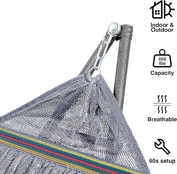 Best Home Fashion Portable Hammock with Collapsible Steel Stand, 450 lbs Capacity, No Tools Assembly, Carrying Bag Included, Perfect for Indoor Outdoor Backyard Patio Camping Beach, Grey