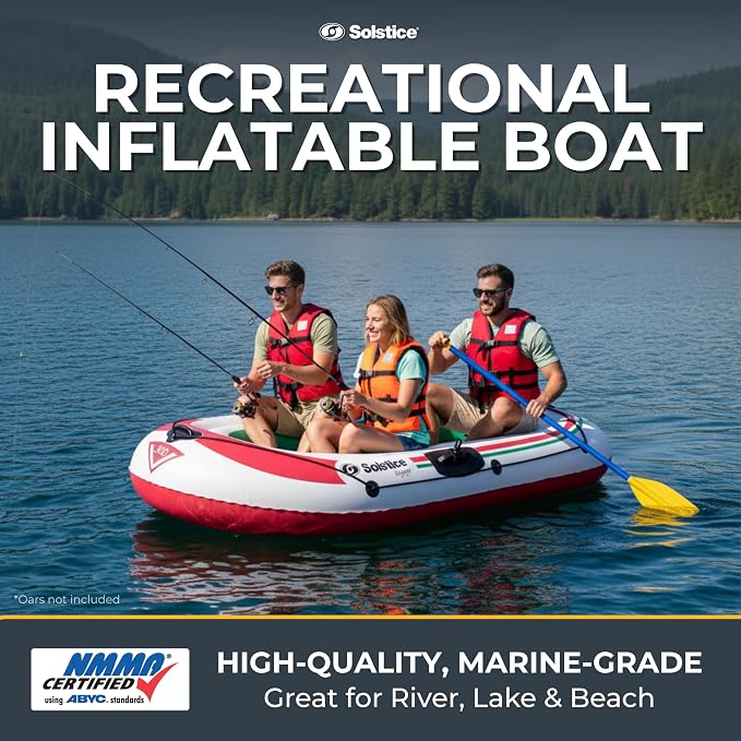 SOLSTICE Inflatable Boat for Lakes, Rivers & Beaches – Heavy-Duty Raft with Swivel Oar Locks, Grab Line & Inflatable Seat – Voyager, 3-Person, White, 7'