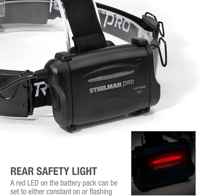 Steelman Pro Slim Profile Motion Activated LED Headlamp with Red LED Night Vision Mode and Rear Safety Flasher