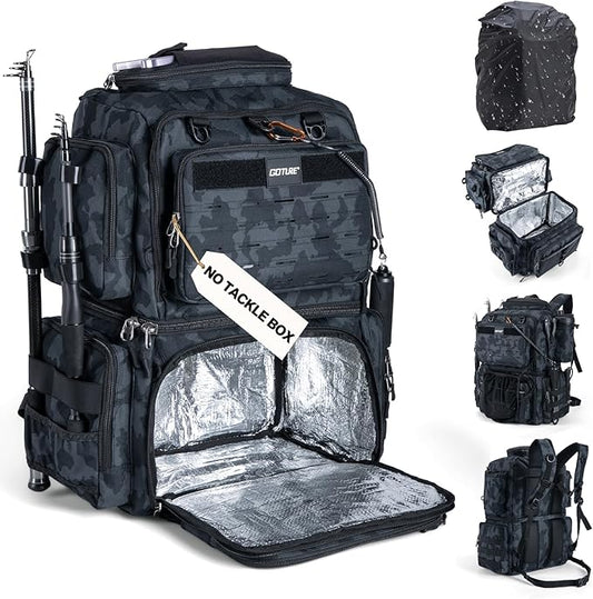 Goture Fishing Backpack, 78L 600D Water-Resistant Insulated Tackle Backpack with Cooler, Rod Holders, 8 Lure Pockets, Rain Cover, Gear Storage Large Fishing Bag for Camping Hiking(Without Tackle Box)