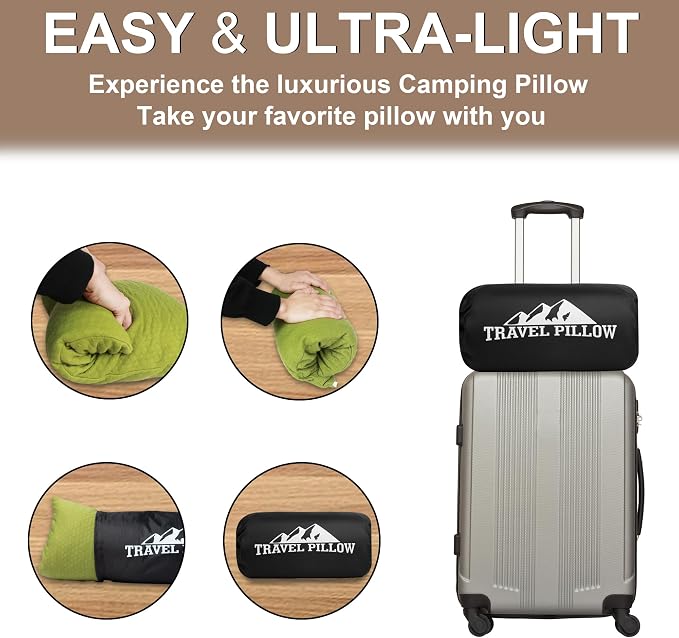 Travel Pillow Compressible Camping Memory Foam Pillow - Turquoise Blue M Size, Avocado Green S Size, Ideal Backpacking, Airplane and Car