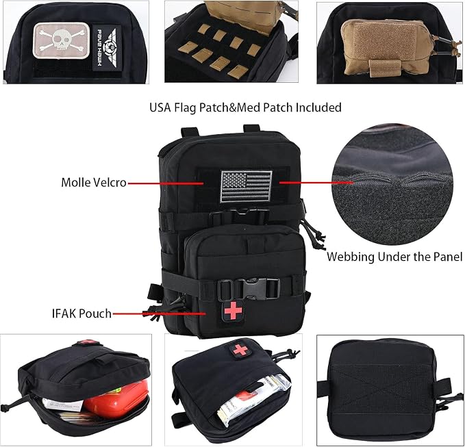 Tactical Mini Molle Hydration Pack,Molle Hydration Carrier with IFAK Pouch&US Flag&Med Patch,Hydropack for 2L Water Bladder
