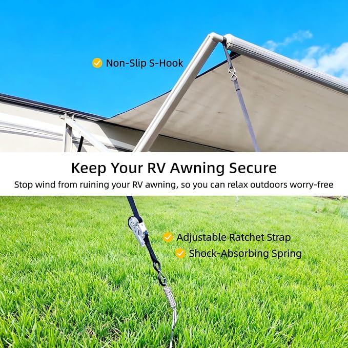 RV Awning Tie Down Kit for Wind-Proof - WanDwel Heavy Duty Camper Anchors Canopy Support Part with Shock Absorbing Spring & 13ft Ratchet Straps for Outdoor Travel Trailer Accessories Set