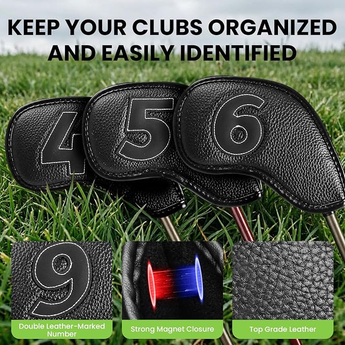 Strong Magnetic Golf Iron & Wedge Headcovers Value 10 Pack, Black Durable PU Leather with Embroidered Numbers for Easy Identify, Premium Covers with Effective Protection for Club