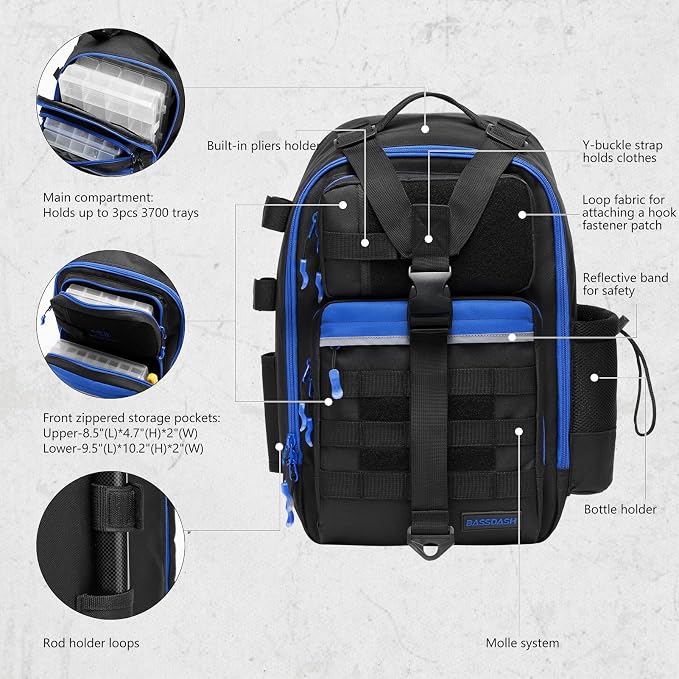 BASSDASH Convertible Fishing Backpack Sling Bag with Rod Holder, Adjustable Tactical Water-Resistant Tackle Storage Pack FP07