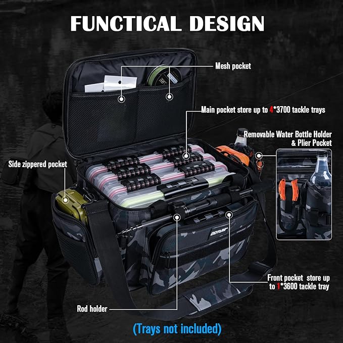 Goture Fishing Tackle Bag, Store Up to 4PCS 3700 Plus 2PCS 3600 Tackle Trays(Not Included), 600D Soft Side Gear Fishing Bag with Rod Straps,Detachable Water Bottle Pouch,Waterproof Bottom,SBS Zippers