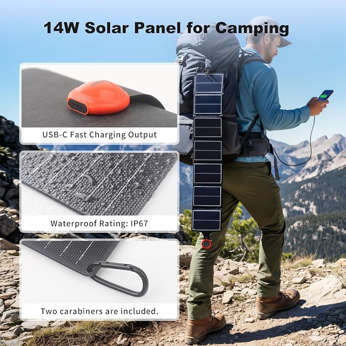 EYONGPV 14W Portable Foldable Solar Panel & Solar Charger with Croc-Eye USB-C Output, IP67 Waterproof Compact Solar Charger for Phones, Power Banks, Camping, Hiking, Backpacking
