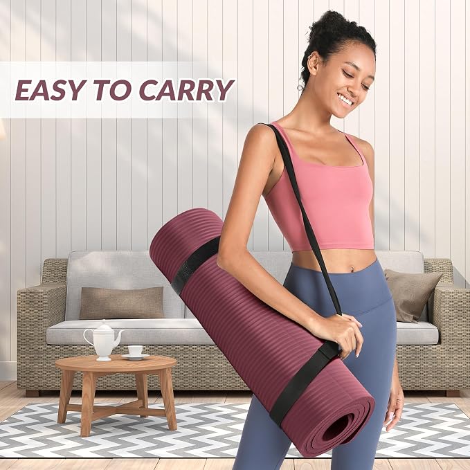 Signature Fitness Extra Thick High-Density Foam Yoga Mat – Multiple Thicknesses (1/2" & 1") / Multiple Colors – Double-Sided Non-Slip Surface – with Carrying Strap for Pilates, Yoga & Home Workouts