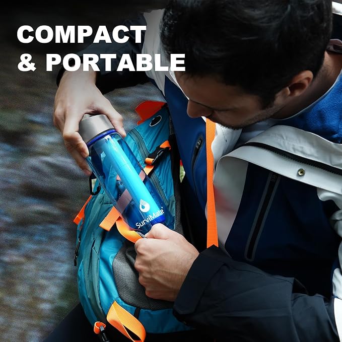 SurviMate Purified Water Bottle for Camping, Hiking, Backpacking and Travel, BPA Free with 5-Stage Intergrated Filter Straw