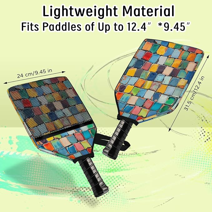 Colorful Titles Wall Universal Pickleball Paddle Cover 12.4 × 9.45 inch Racket Sleeve with Handle Strap Mesh Pocket Fits USAPA Standard Widebody Paddles 2 PCS