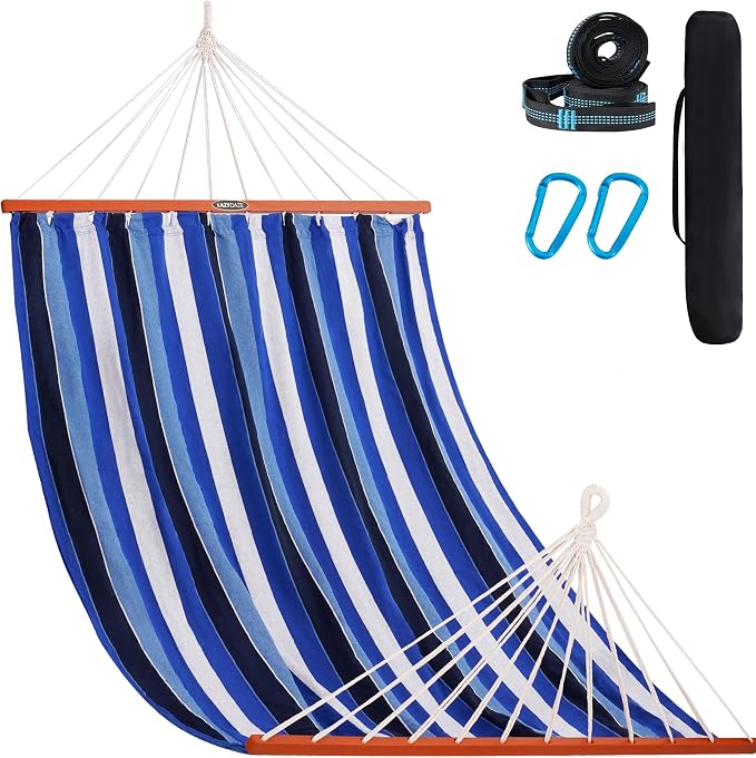 Lazy Daze Hammocks Cotton Fabric Double Hammock with 55" Spreader Bar, Portable Camping Hammock with Carrying Bag & Tree Straps for Patio, Backyard, Balcony, 450lbs Capacity, Blue