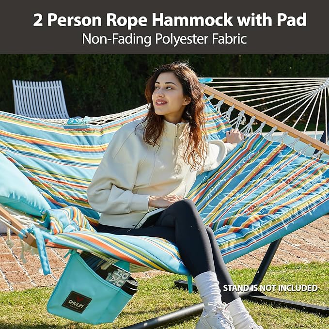 CHULIM Outdoor Double Hammock with Hardwood Spreader Bars, Large Rope Hammock with Polyester Pad and Pillow, 475 LBS Capacity for 2 Person Patio Backyard Poolside - Bule Stripe