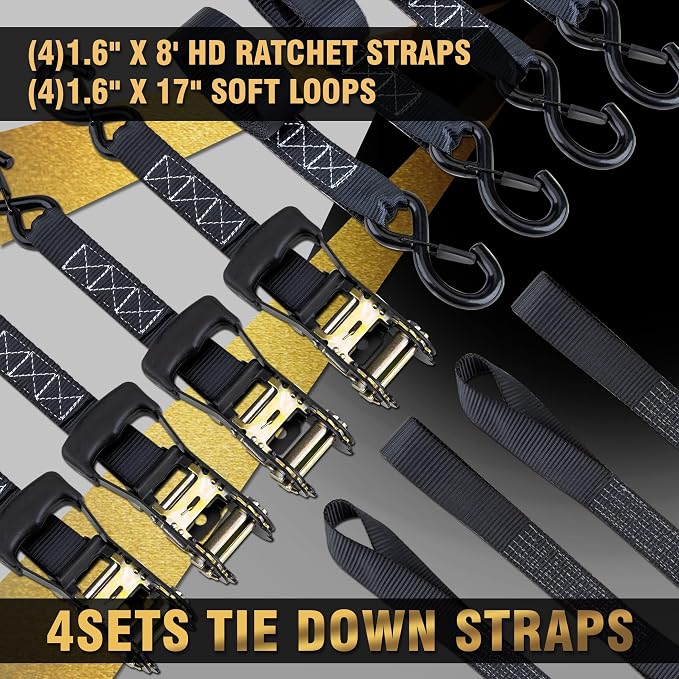 CARTMAN Ratchet Tie Down Straps, 5208lbs Break Strength, Includes 4PK Heavy Duty Ratchet Tie Downs, 4PK Soft Loop Tie-Downs, Use for Car, Truck, UTV