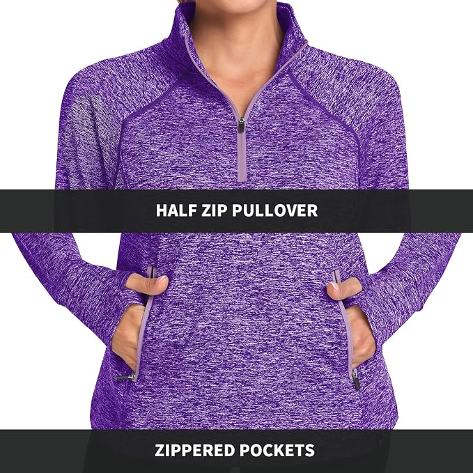 Soneven Women's Thermal Fleece Running Shirts Warm Winter Pullover Cold Weather Workout Hiking Tops with Thumb Holes Pockets