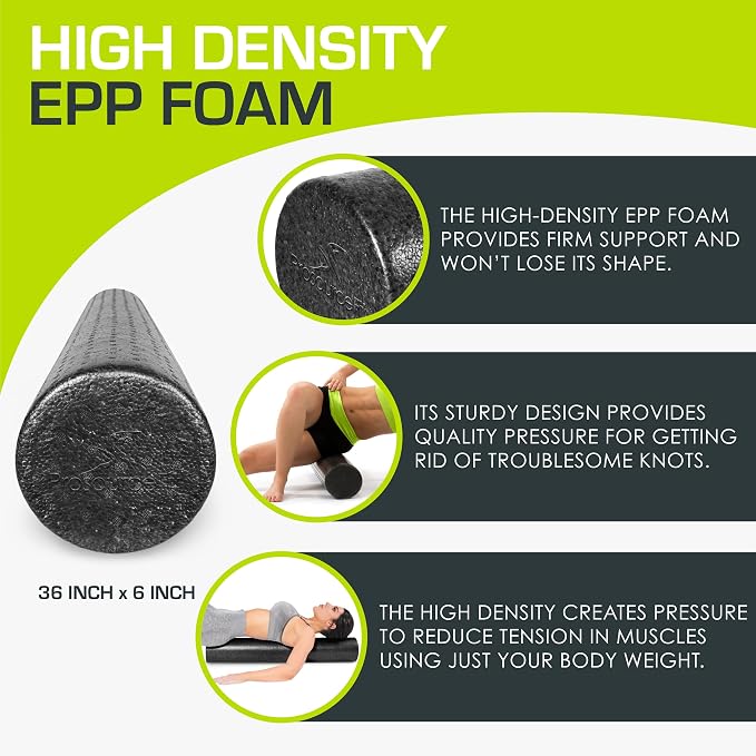 ProsourceFit High Density Foam Rollers 36 - inches long, Firm Full Body Athletic Massage Tool for Back Stretching, Yoga, Pilates, Post Workout Muscle Recuperation, Black