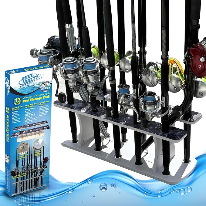 Rush Creek Creations Reel Salty Fishing Rod Holder Rack for 13 Rods – Marine Grade 2-Tier Storage Organizer, UV-Resistant Waterproof Rod Rack for Garage, Dock & Boat
