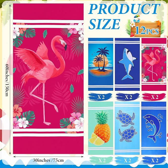 Mindsoft 12 Pcs 30" x 60" Beach Towel Yoga Towel Microfiber Soft Quick Dry Sand Free Oversized Lightweight Cute Beach Towels Bulk for Bath Camping Travel Pool Party Teacher Appreciation Gift