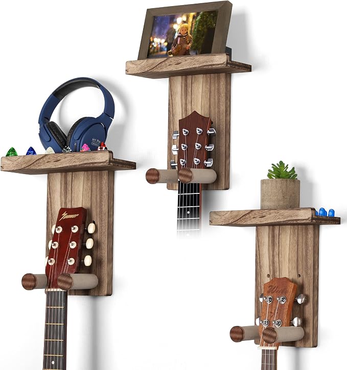 Keebofly 3-Pack Guitar Wall Mount Hangers - Rustic Wood Brown Guitar Stand with Pick Holder - Acoustic, Electric, Ukulele, Bass & Mandolin [Patented]