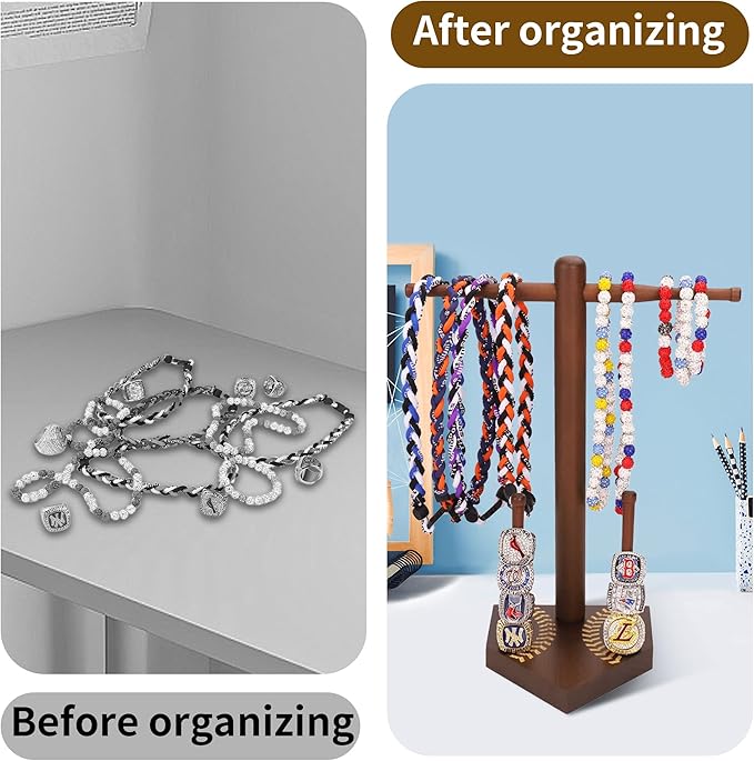 Baseball Ring Display Holder for Championship Rings & Necklaces, Wooden Sports Jewelry Organizer with Bat Stand for Baseball Softball Players, Athlete Gift Display Case for Rings Bracelets Medals
