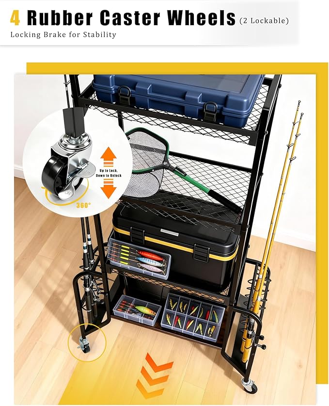 Cyfie 4-Tier Fishing Rod Rack – Mobile Heavy-Duty Fishing Rod Holder for Indoor & Outdoor Use, Organize Up to 10 Rods, Gear & Tackle, Garage, Pool Room Storage
