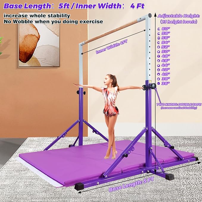 Marfula Gymnastic Bar For Kid and Teenage of 3-25, 5Ft/8 FT Base Length 4Ft Width 5Ft Adjust Height, Gymnastic Kip Bar For Gymnast, Gymnastic Training Equipment For Professional Training Home Club Use