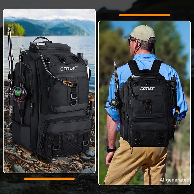 Goture 40L Large Black Fishing Backpack, 900D Tear-Resistant Tackle Bag with Cooler & Rain Cover & 3600 Trays, Freshwater Saltwater