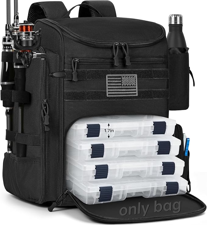 40L Fishing Backpack Water Resistant Fishing Tackle Bag with 2 Rod Holders, Tackle Storage Bag for Anglers(Black,Bag Only)