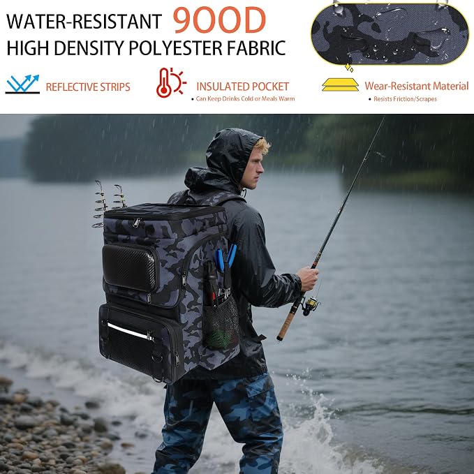 Fishing Backpack with Rod Holder and Tackle Boxes, Cooler, Large 50L Fishing Gear Bag with 139 Fishing Lures Kit, Fish Tool Set, Fish Gifts for Men Woman-Grey Backpack