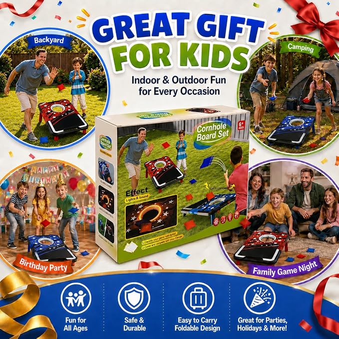 Foldable Cornhole Board Set with LED Lights, Sound Effects & Built-in Score Slider, Outdoor Bean Bag Toss Game for Kids Adults, Portable Backyard Camping Party Game Set with 2 Boards 8 Bags