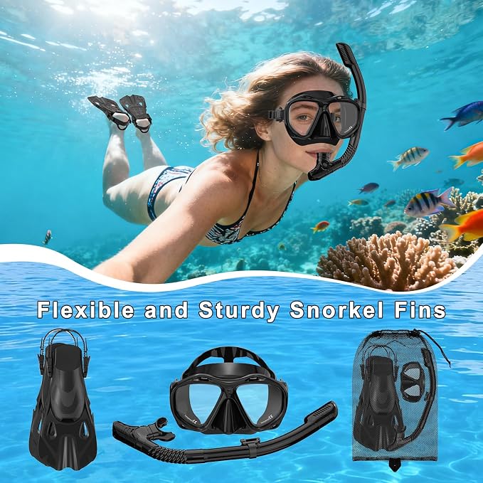 Snorkeling Gear for Adults, Mask Fin Snorkel Set, Dry Top Snorkel Mask, Panoramic View Anti-Leak Anti-Fog 3 in 1 Snorkeling Kit Travel Diving Package with Storage Bag